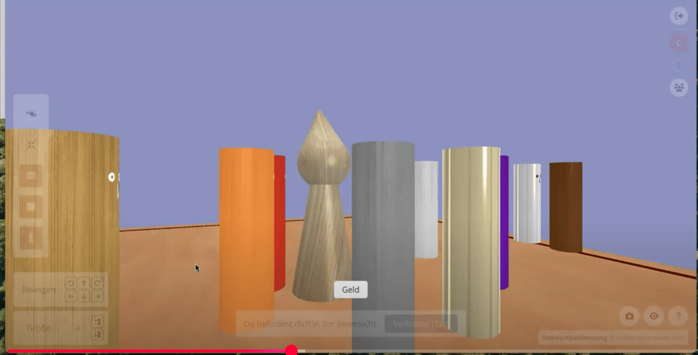 Online-Systembrett - Vielfalt an digitalen Holzsäulen in verschiedenen Farben und Formen, Präsentationstechnologie für Coaching und individuelle Entwicklungsprozesse, moderne Lernumgebung, kreative Tools für Persönlichkeitsentwicklung, innovative Visualisierung in der Coaching-Praxis. {{brizy_dc_image_alt imageSrc=