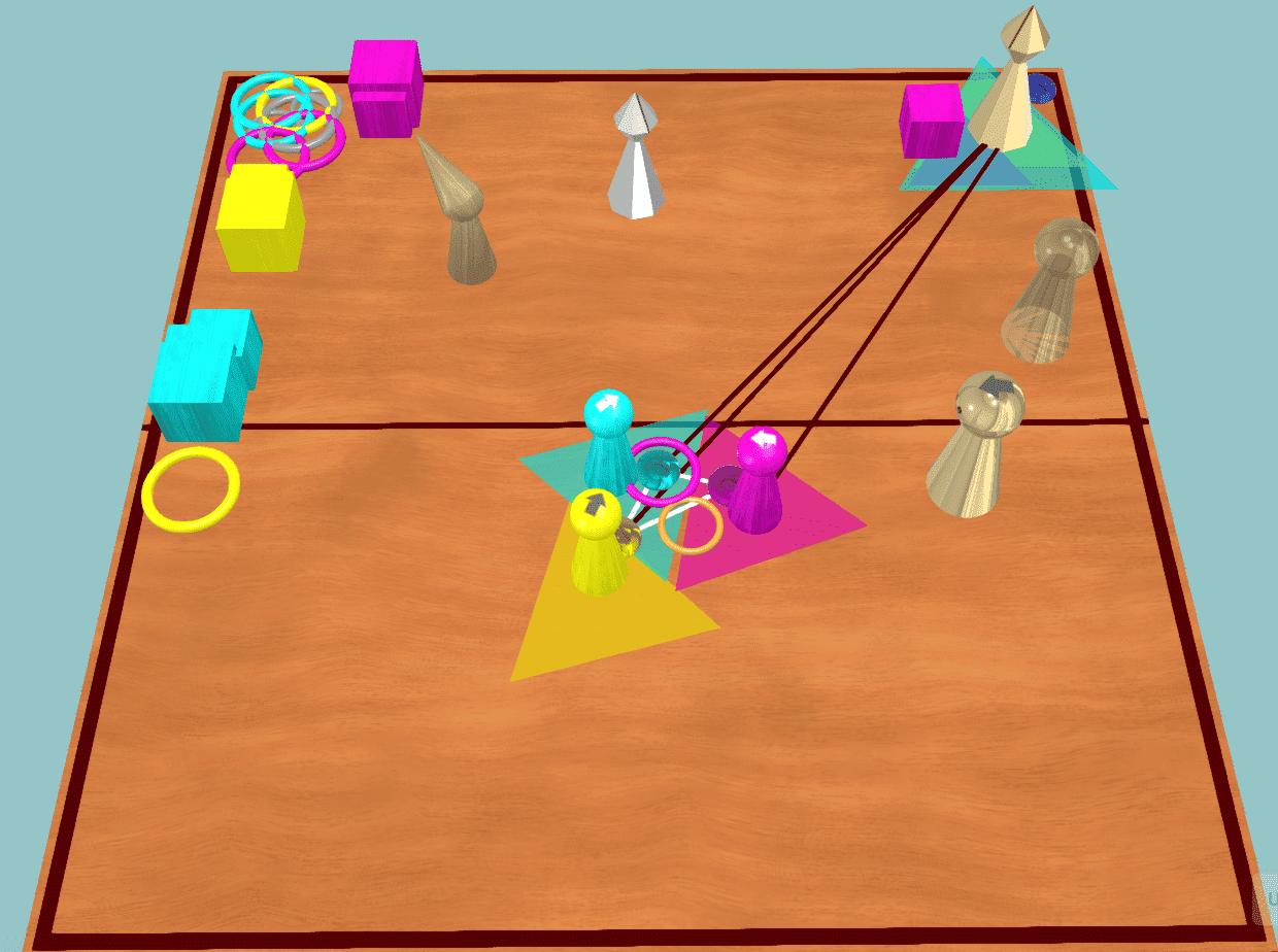 Bewegungsspiel mit bunten Figuren und geometrischen Formen auf einem Spielplan.